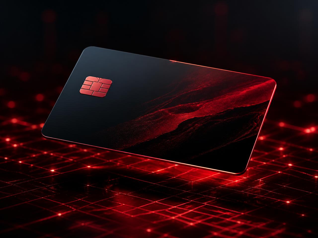 Black and red payment card glowing above a circuit grid